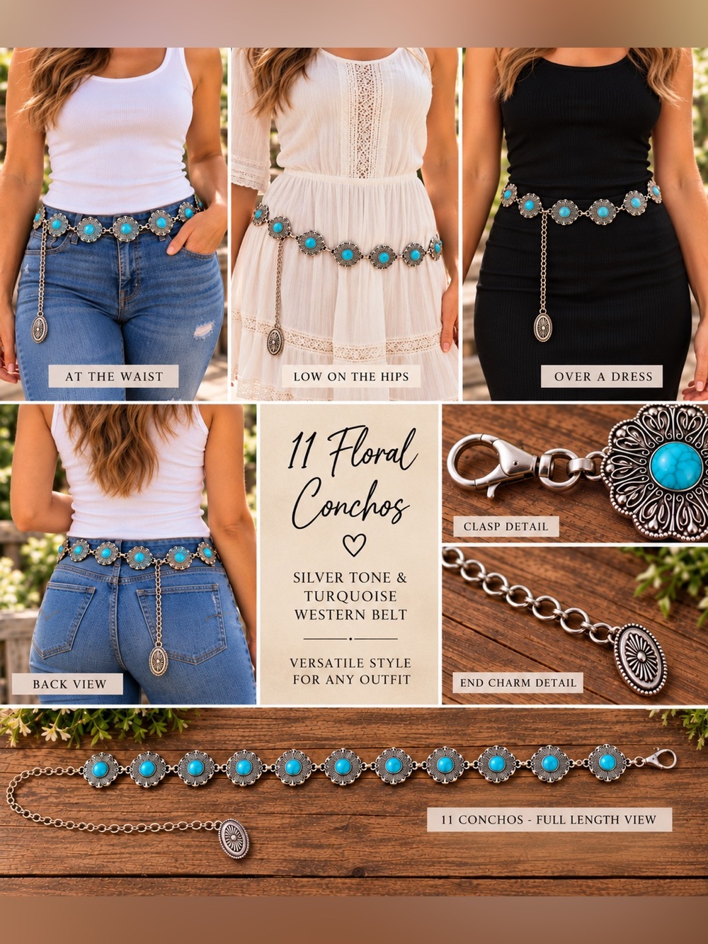 NWT Silver Turquoise Floral Concho Western Chain Belt 47”